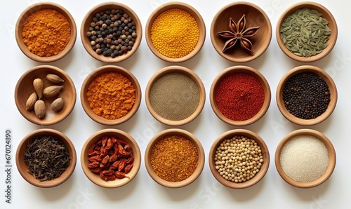 A colorful assortment of spices in various bowls