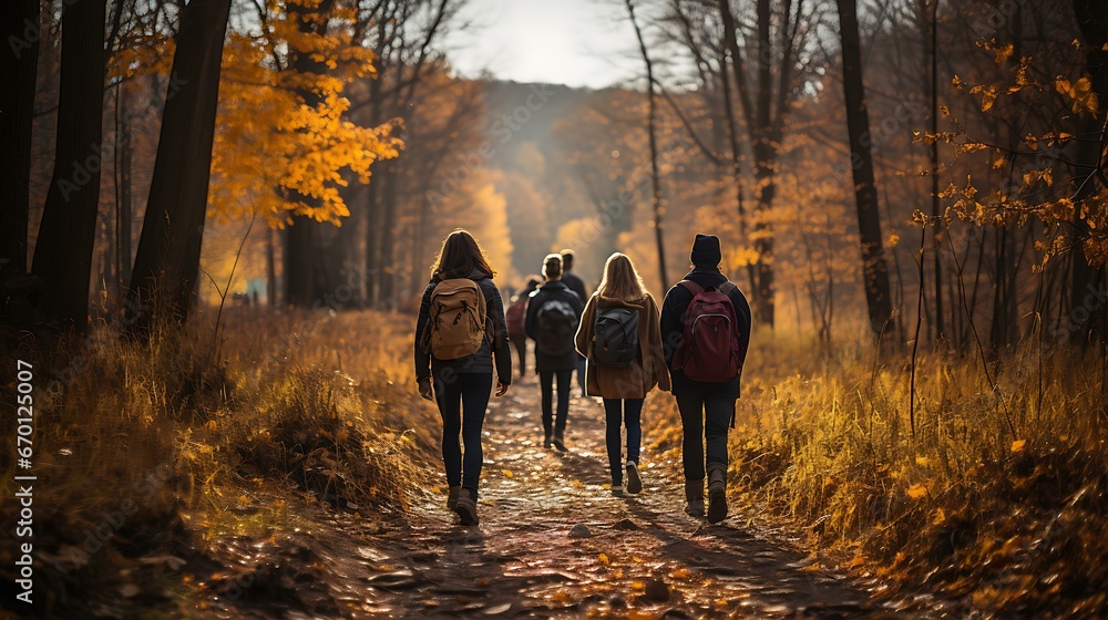 Uma imagem pitoresca de uma família ou grupo de amigos fazendo trilha por uma floresta com folhagem vibrante de outono no Dia de Ação de Graças. - obrazy, fototapety, plakaty 