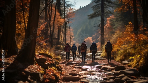 Uma imagem pitoresca de uma família ou grupo de amigos fazendo trilha por uma floresta com folhagem vibrante de outono no Dia de Ação de Graças. photo