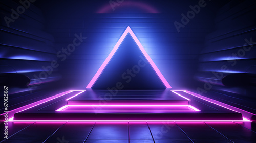 Futuristic cyber room with podium for product showcase, neon lights and lasers.