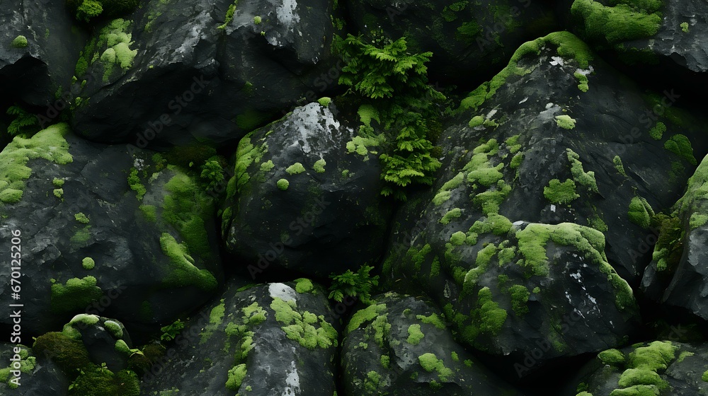 Uma paisagem rochosa é suavizada por um manto de musgo verde vibrante. O musgo adere à pedra, criando um mosaico natural de texturas e tonalidades.