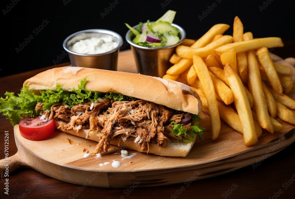 A delicious sandwich and crispy french fries on a rustic wooden plate A delicious sandwich and crispy french fries on a rustic wooden plate