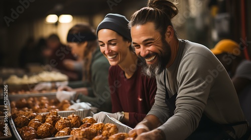Uma imagem emocionante de voluntários em um banco de alimentos ou evento beneficente interagindo calorosamente com aqueles que precisam. photo