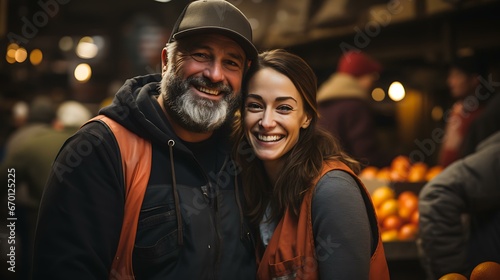 Uma imagem emocionante de voluntários em um banco de alimentos ou evento beneficente interagindo calorosamente com aqueles que precisam. © Alexandre