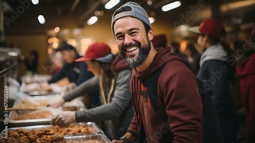 Uma imagem emocionante de voluntários em um banco de alimentos ou evento beneficente interagindo calorosamente com aqueles que precisam. photo