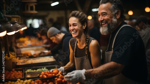 Uma imagem emocionante de voluntários em um banco de alimentos ou evento beneficente interagindo calorosamente com aqueles que precisam.