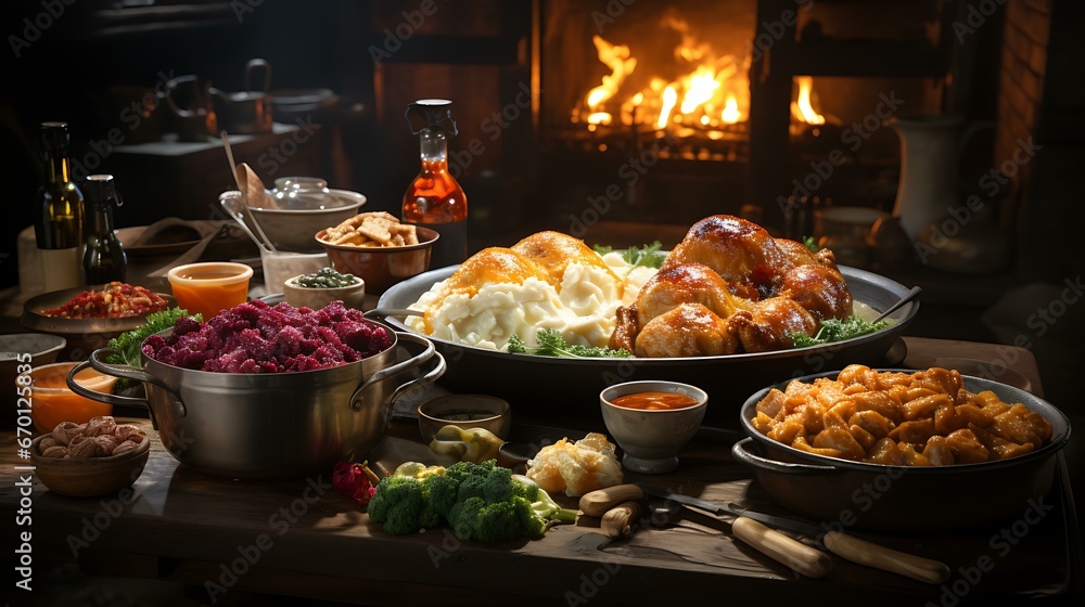 Uma imagem capturando o processo de preparação de um banquete de Ação de Graças. O destaque é um peru dourado assando no forno, cercado por panelas de purê de batata borbulhante.