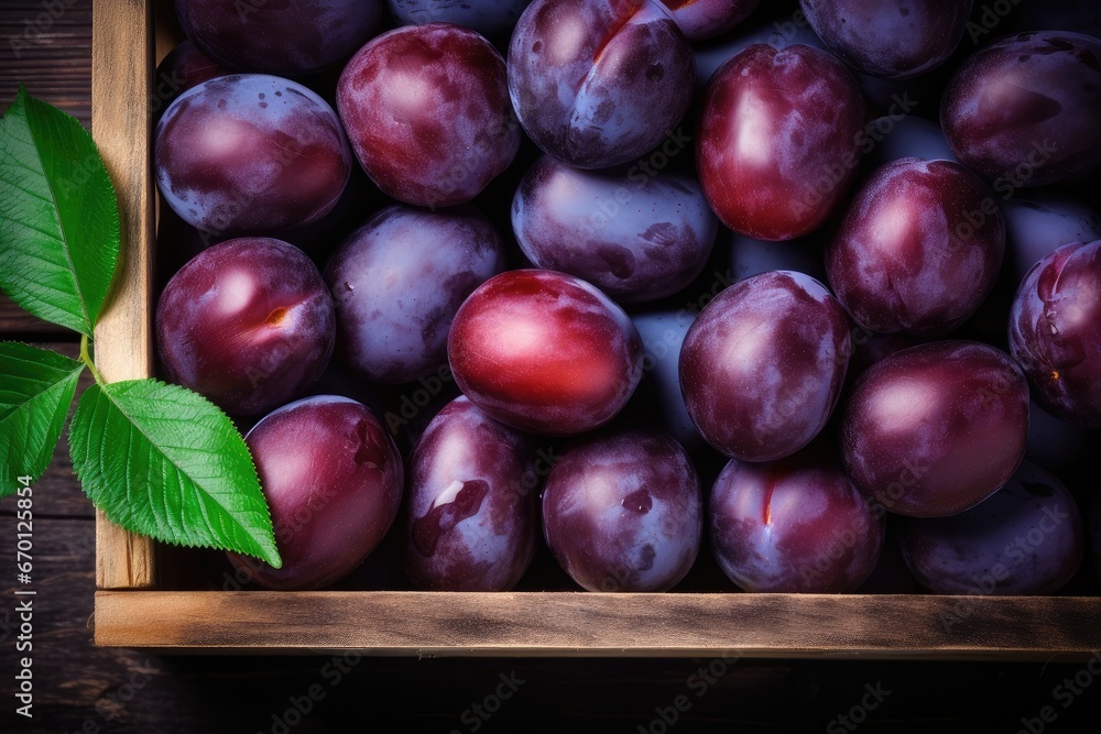 Fototapeta premium A succulent and ripe plum, bursting with sweetness and organic freshness, set against a rustic wooden background, making it a delicious and healthy addition to your diet.