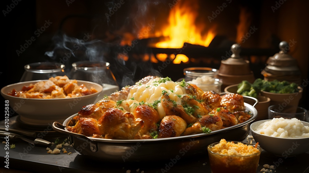 Uma imagem capturando o processo de preparação de um banquete de Ação de Graças. O destaque é um peru dourado assando no forno, cercado por panelas de purê de batata borbulhante.