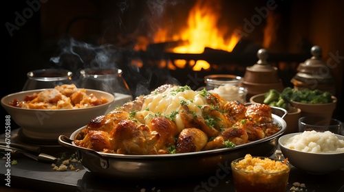 Uma imagem capturando o processo de preparação de um banquete de Ação de Graças. O destaque é um peru dourado assando no forno, cercado por panelas de purê de batata borbulhante. photo
