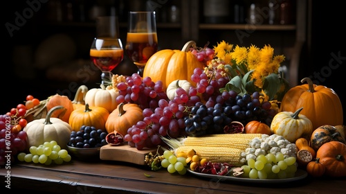 Uma imagem exibindo uma mesa de Ação de Graças lindamente decorada, com destaque para uma cornucópia transbordando de produtos coloridos de outono.  photo