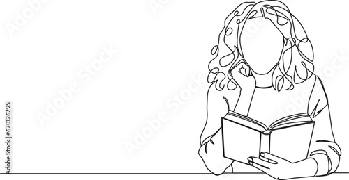 continuous single line drawing of woman reading a book, line art vector illustration