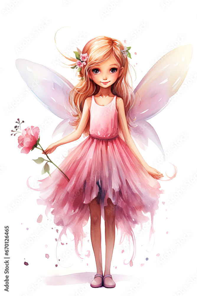 Flower fairy, little girl with wings. Watercolor, on a white background Flower fairy, little girl with wings. Watercolor, on a white background