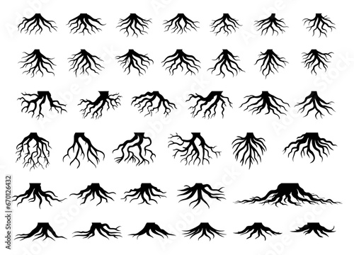 Tree Roots Big Collection. Set of Black Tree Roots Silhouettes Vector Isolated Illustration. Forest Plant Roots © NinjaIcons