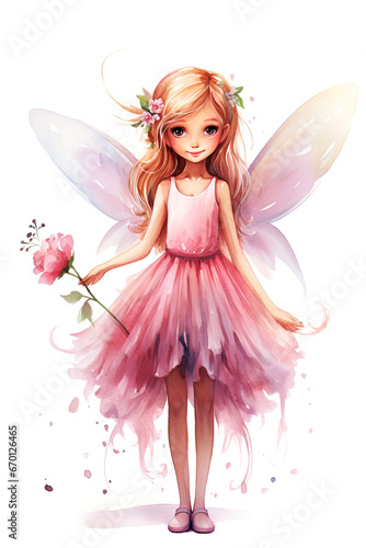 Flower fairy, little girl with wings. Watercolor, on a white background