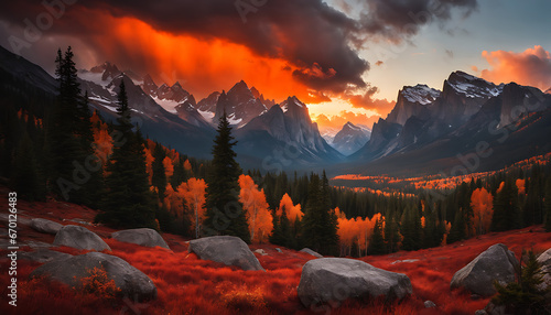 vibrant, red-orange cloud hovers above a rocky mountain range, casting a dramatic shadow and creating a striking contrast between nature's power and beauty