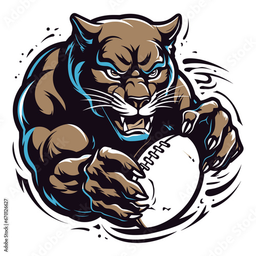 The illustration shows a black panther that's playing rugby. The panther is ready to throw the rugby ball generative ai