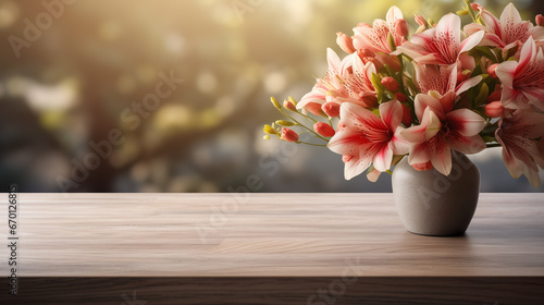 Beautiful flowers in a vase on a wooden table for decoration in the living room, colorful flowers | Generative AI