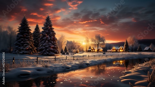 Ilustra    o de uma paisagem enevoada com uma   rvore de natal iluminada e uma casa aconchegante ao fundo