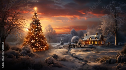 Ilustração de uma paisagem enevoada com uma árvore de natal iluminada e uma casa aconchegante ao fundo