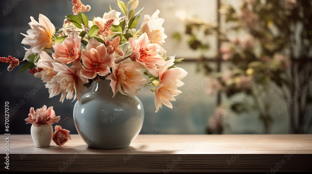 Beautiful flowers in a vase on a wooden table for decoration in the living room, colorful flowers | Generative AI Beautiful flowers in a vase on a wooden table for decoration in the living room, colorful flowers | Generative AI