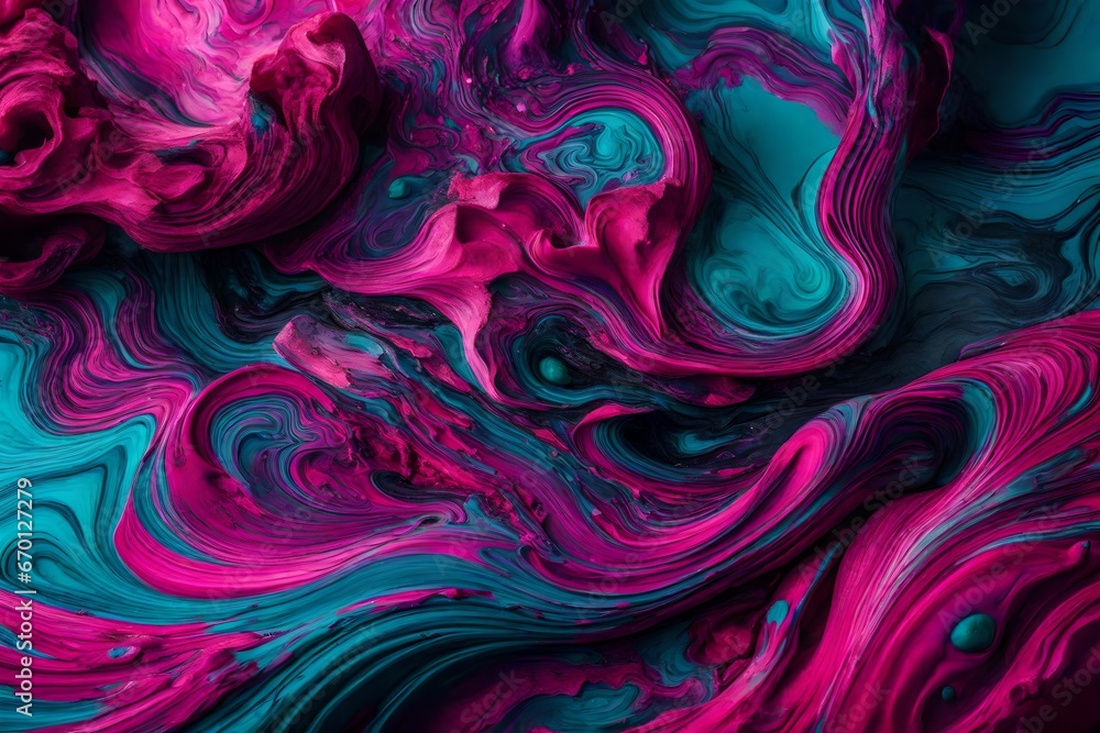 Fototapeta premium A macro shot of molten copper paint spreading and rippling across a rough, textured background, creating a captivating visual texture in high-definition Vivid coral and neon green abstract background 