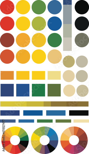 instructive illustration to demonstrate the basics of color theory, set of charts and graphs. 