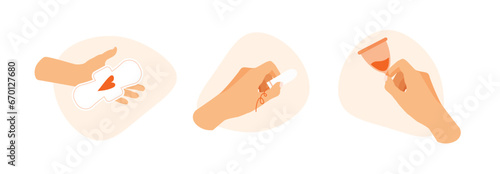 Menstrual period. Female hygiene product. Hands holds tampon, sanitary pads, menstrual cup. Vector illustration in a trendy flat style isolated.