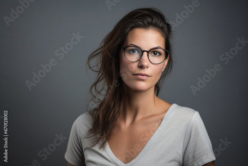 Portrait of a young businesswoman wearing glasses on a gray background.