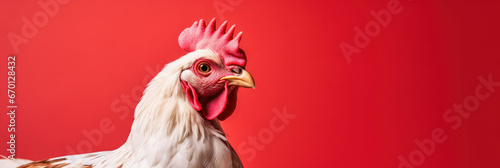Cute hen portrait on red background, wide horizontal panoramic banner with copy space, or web site header with empty area for text.