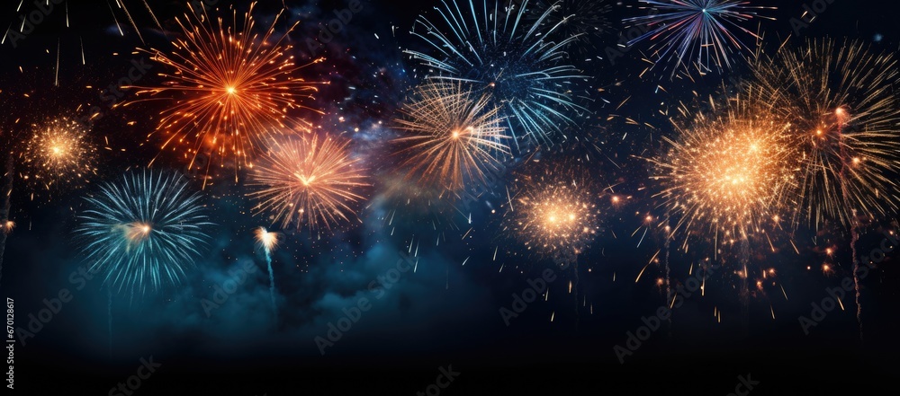 Fototapeta premium Multicolored fireworks on a dark background. Banner for the site. Place for text. Wallpaper for holidays. Festive light