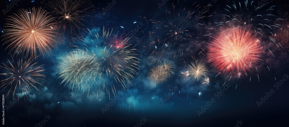 Fototapeta premium Multicolored fireworks on a dark background. Banner for the site. Place for text. Wallpaper for holidays. Festive light