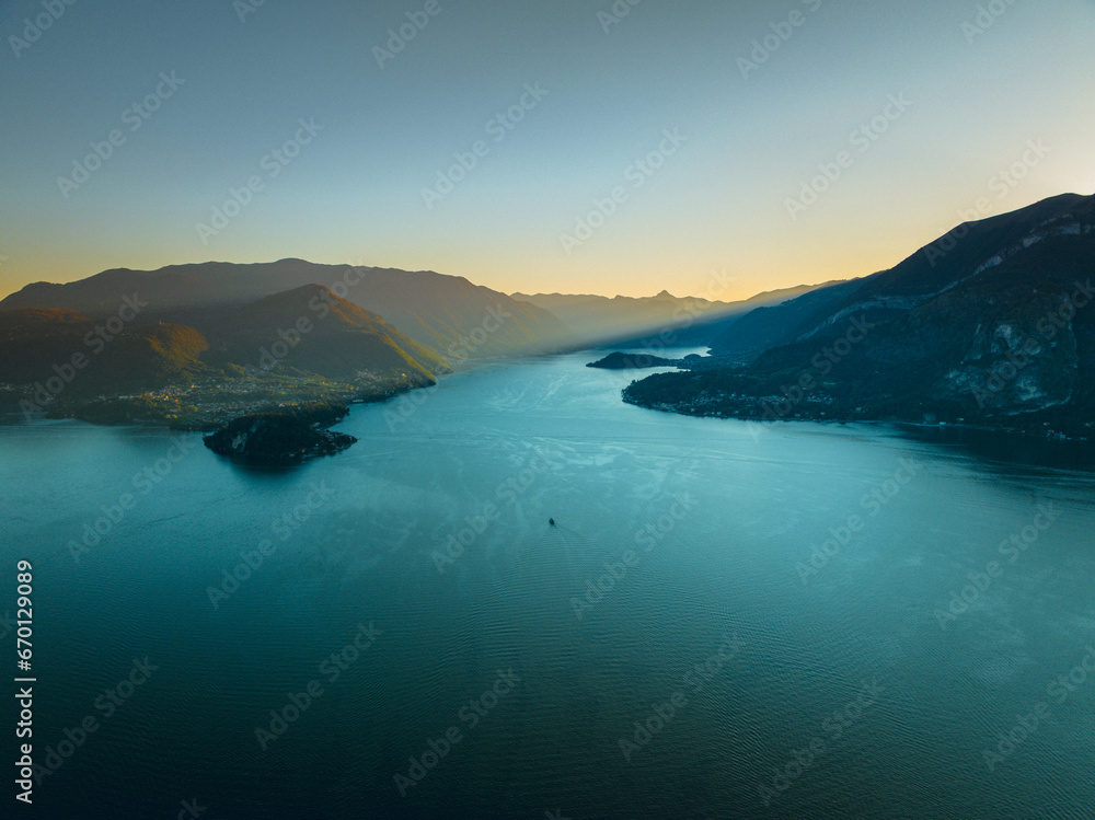 Aerial of Sunset in Lake Como Italy