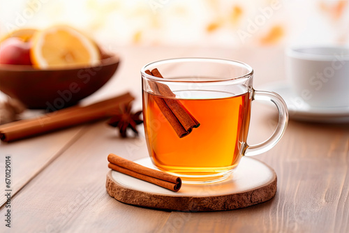Hot mulled apple cider with with cinnamon sticks, cloves and anise on wooden table