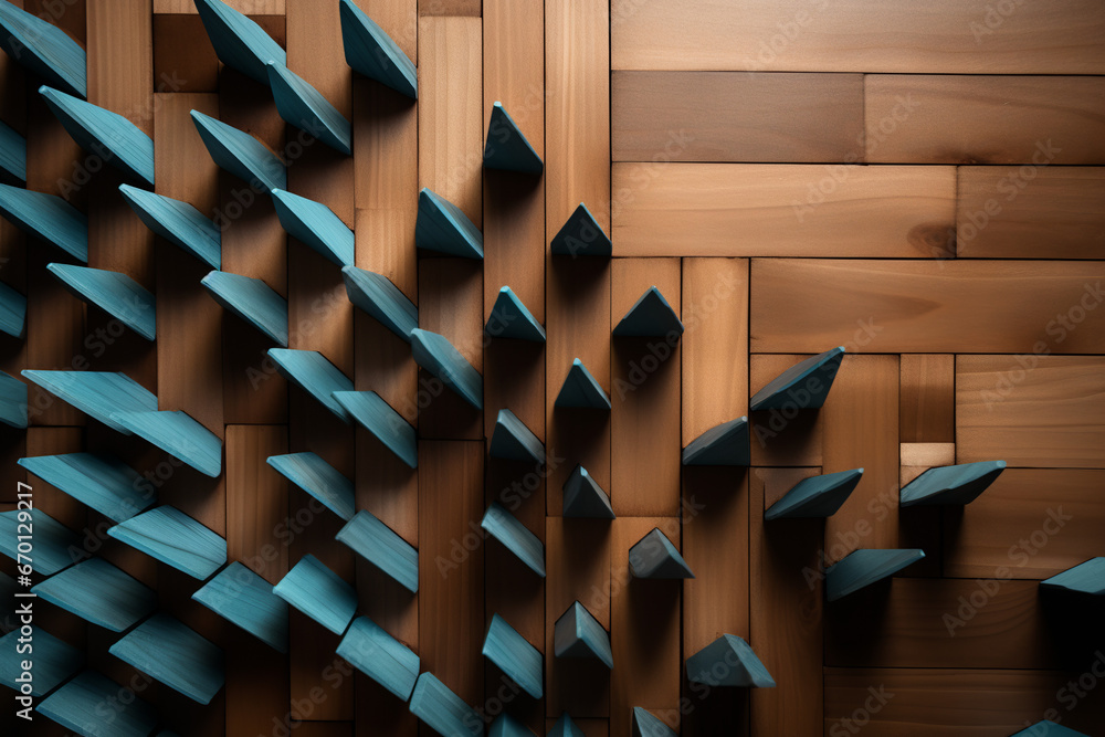 arrow pointing upwards shows the percent increase, in the style of carved wood blocks, shaped canvas, light cyan and navy, tabletop photography - obrazy, fototapety, plakaty 
