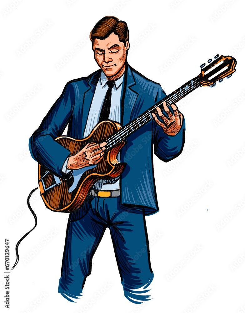 Fototapeta premium Rock musician playing electric guitar. Hand-drawn ink on paper and hand colored on tablet