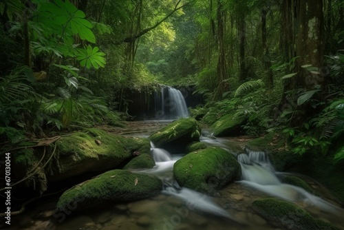 Exquisite cascade concealed within lush jungle. Enchanting nature scene. Generative AI
