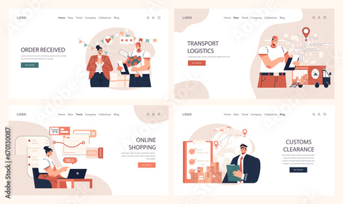 Delivery of goods web banner or landing page set. Warehousing, logistics and delivery of customer' order. Transportation and distribution service. Flat vector illustration