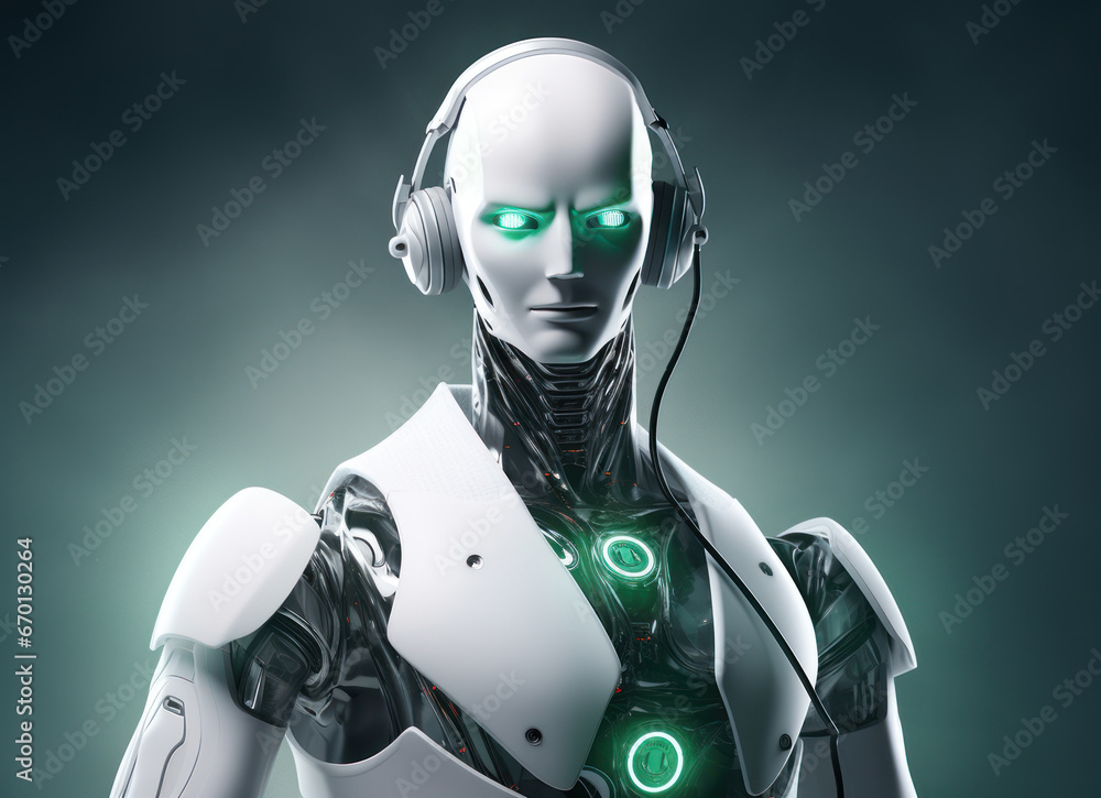 Doctor in a coat with a robot head and a stethoscope, robotic doctor is the future of medicine. Artificial intelligence Modern technologies of neural networks.