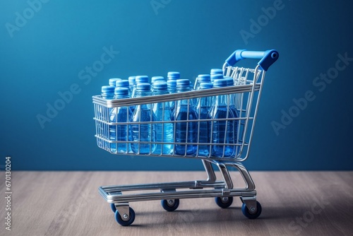 Image of plastic bottles and blue cans in a shopping cart. Generative AI