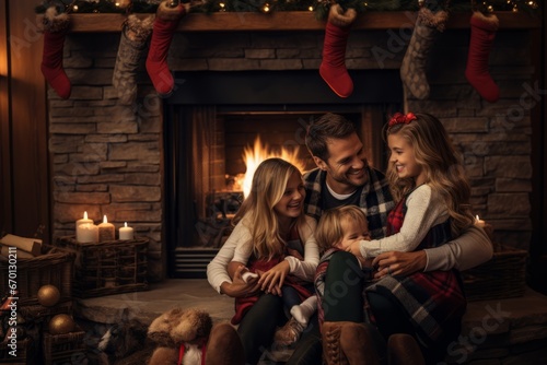 A heartwarming scene of a family hanging colorful Christmas stockings on a beautifully decorated fireplace mantel, eagerly anticipating Santa's visit