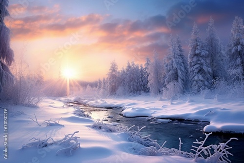 A scenic winter landscape covered in snow. Generative AI © Azura