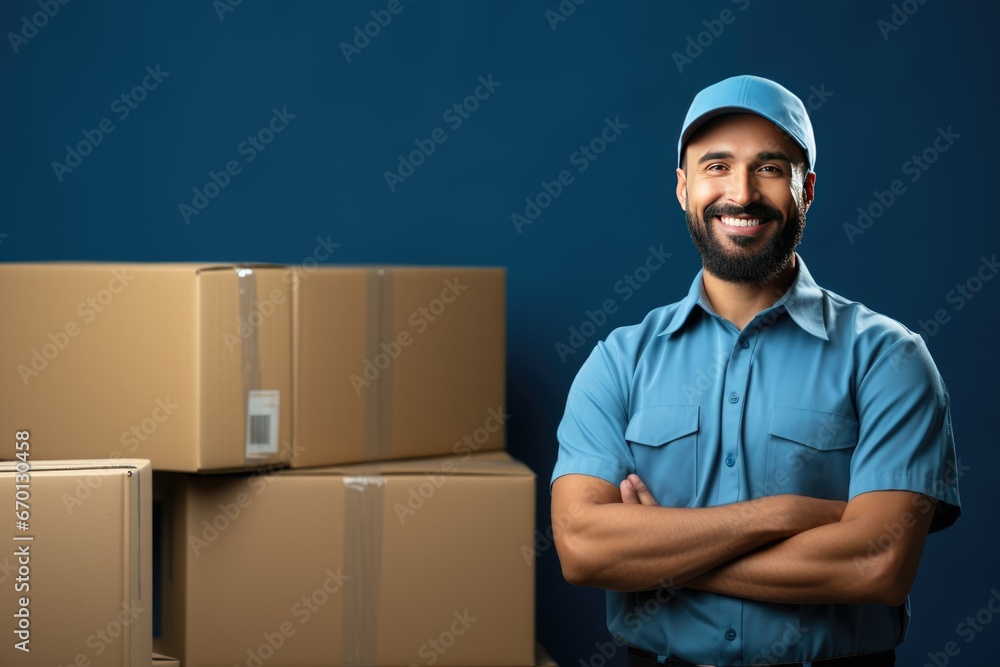 Young happy delivery man in the uniform Young happy delivery man in the uniform