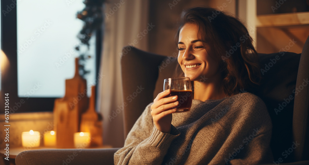 smiling happy woman enjoying tea at home on cold winter evening smiling happy woman enjoying tea at home on cold winter evening