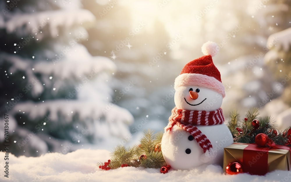 cute christmas background with snowman and gift boxes. banner with place for text
