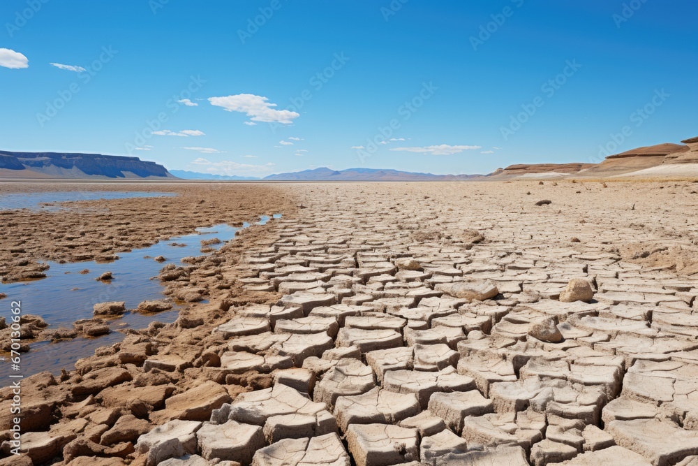 Fototapeta premium A barren landscape reveals cracked earth, where a once-flowing river or lake bed is now dry, an ominous testament to the consequences of global climate change and water scarcity.