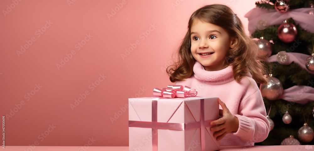 christmas banner with place for text. cute little girl in pink sweater with gift boxes on pink background christmas banner with place for text. cute little girl in pink sweater with gift boxes on pink background
