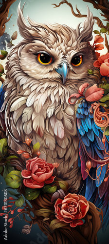 Majestic Wisdom: An Owl Amidst a Floral Symphony,owl,owl on a branch