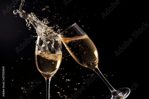 A pair of champagne flutes filled to the brim, with bubbles rising to the top, ready for a New Year's toast
