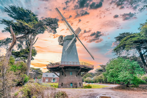 Murphy Windmill in Golden Gate Park, San Francisco, beautiful landscape. Travel concept, landmarks, architecture